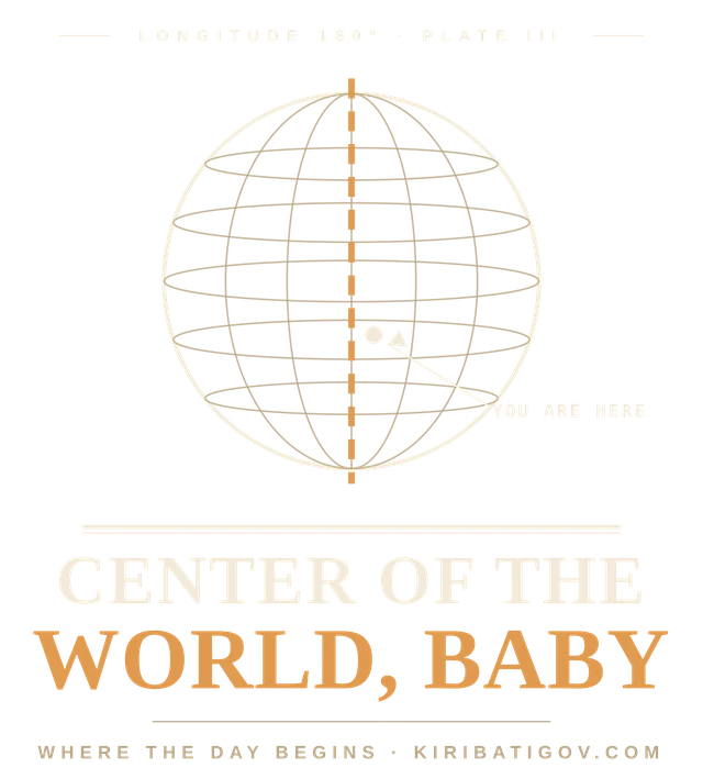 Print of a wireframe globe with the 180th meridian marked, titled CENTER OF THE WORLD, BABY, captioned where the day begins.