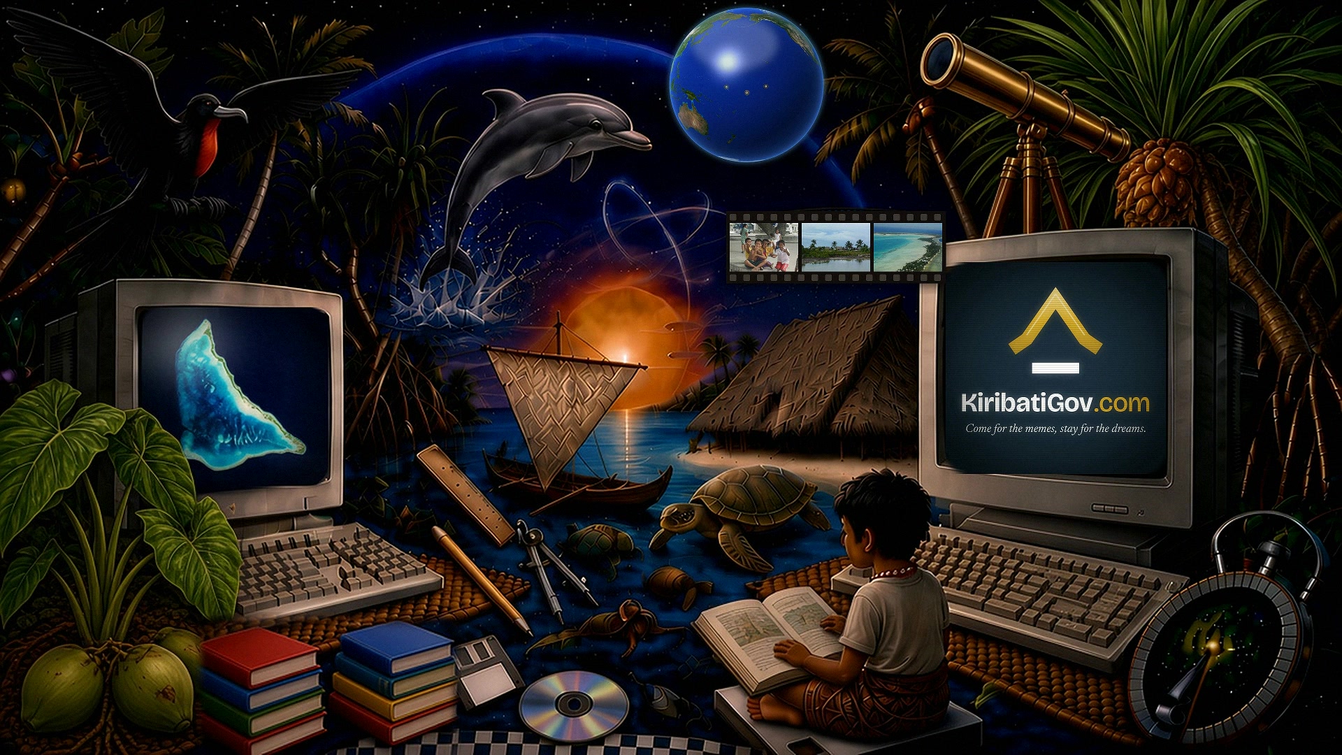 A 1990s monitor on a cluttered desk shows the KiribatiGov.com lockup and tagline.